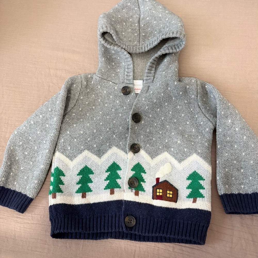 Hanna Andersson Gray Hooded Cardigan with Tree and Cabin Design